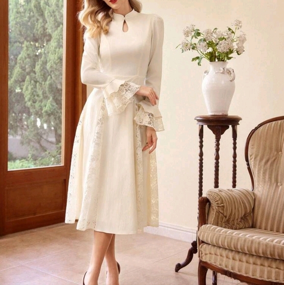 Vintage Retro A-Line Dress Chinese Collar Lace Splice Keyhole Long Sleeve,Casual - Picture 3 of 4